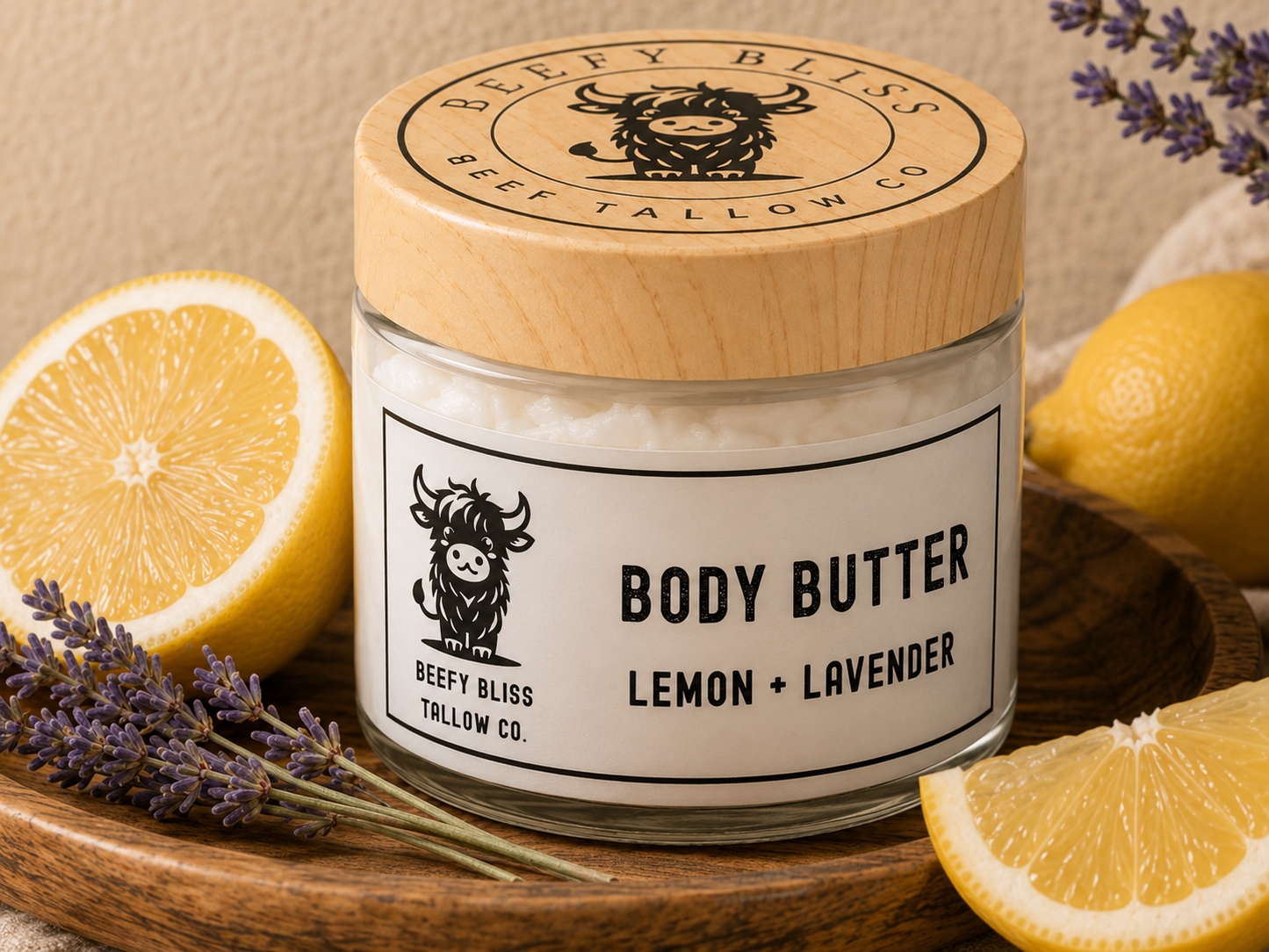 Beefy Bliss Body Butter Lemon Lavender product jar